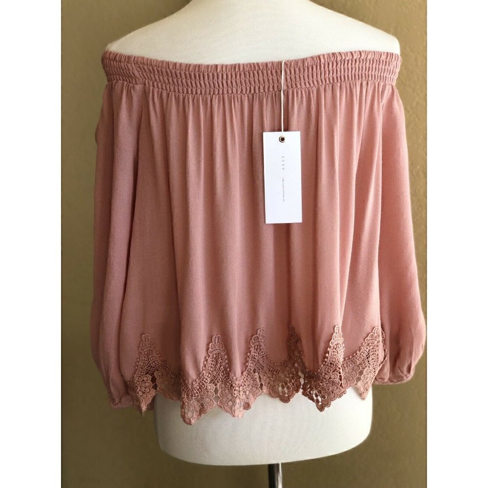 Lush Womens Pink Off The Shoulder Crochet Hem Blouse Top Size S - Picture 5 of 8